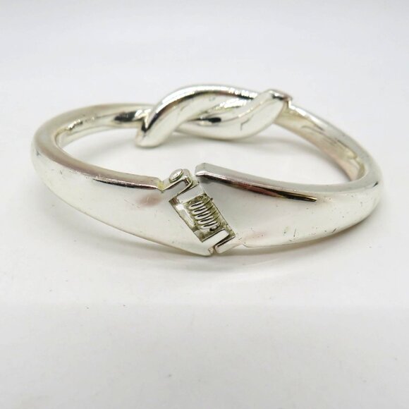 Foldover Bracelet Silver Tone Rhinestone Knot Bangle Hinged Closure - Picture 11 of 13